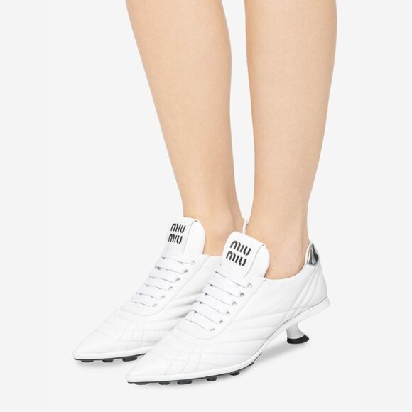 NWT Miu Miu Heeled Sneakers White Leather Pointed Toe Lace Up Kitten Heels Sz 34 - Picture 1 of 10